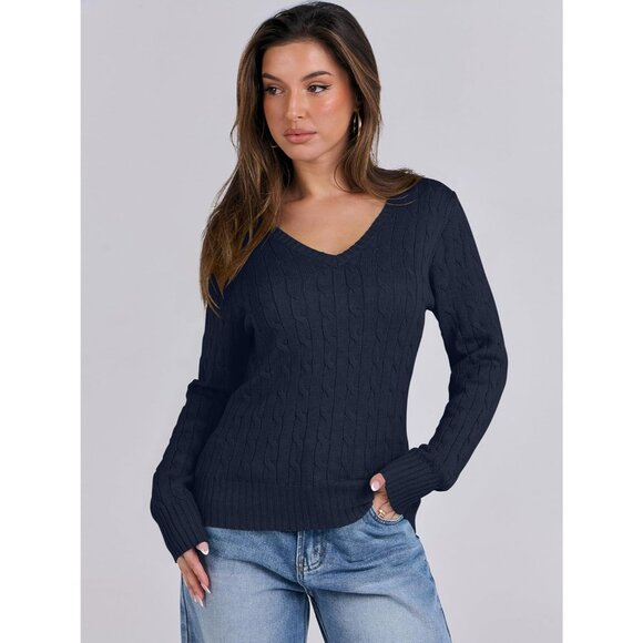 Women Navy Blue Pull On Cable Knit Long Sleeve V Neck Fitted Casual Work Sweater - Picture 2 of 6